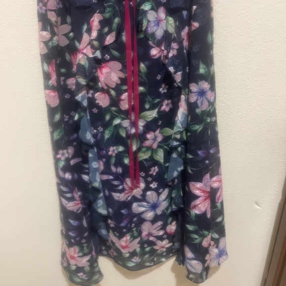 Marchesa Notte Blue Floral Chiffon Midi Gown Size 12 Flutter Sleeve Formal - Picture 14 of 15